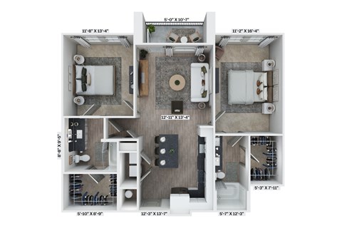 A floor plan of a house with a living room, two bedrooms, a bathroom, and a kitchen.
